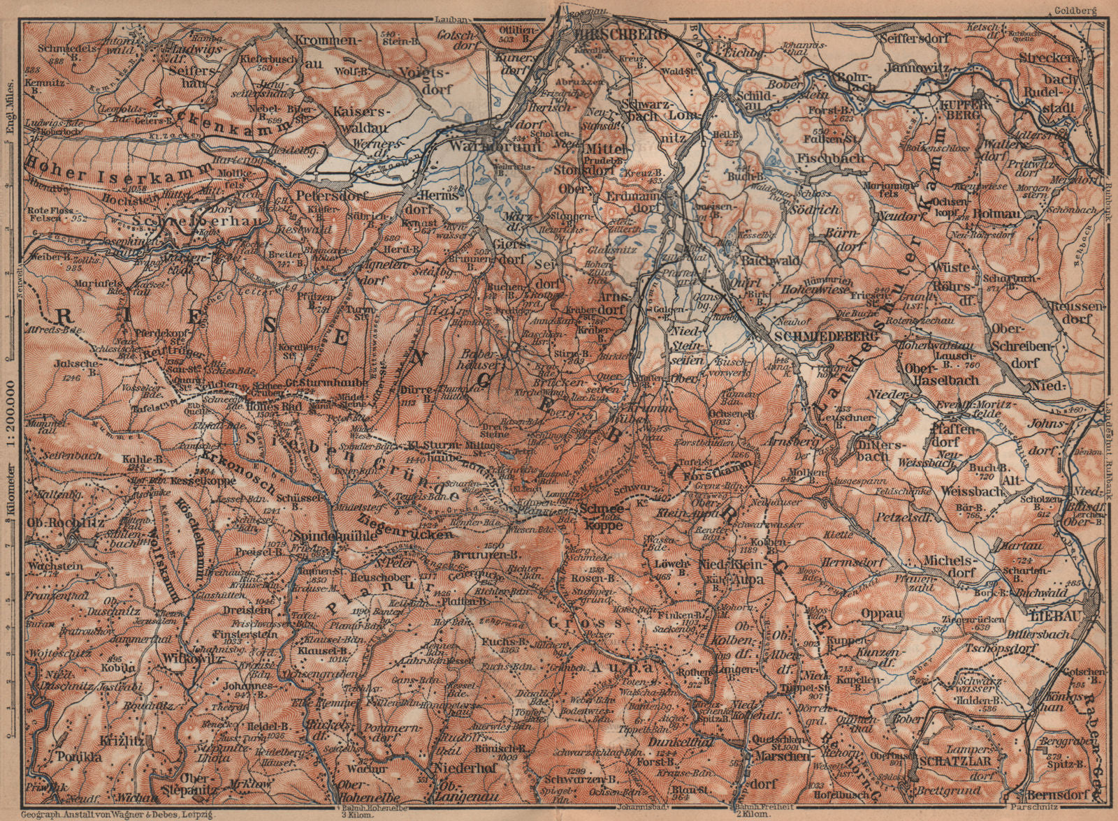 KARKONOSZE KRKONOŠE MOUNTAINS. Jelenia Gora Cieplice Lubawka Czech Rep 1900 map